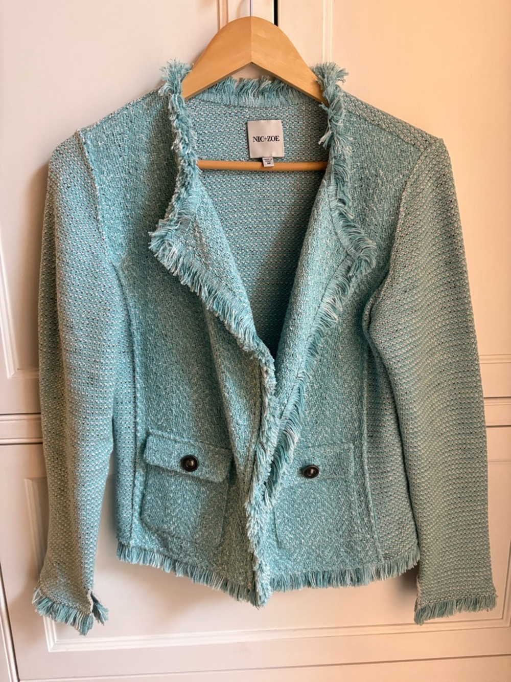 NIC+ZOE Aqua Textured Fringe Open Jacket
